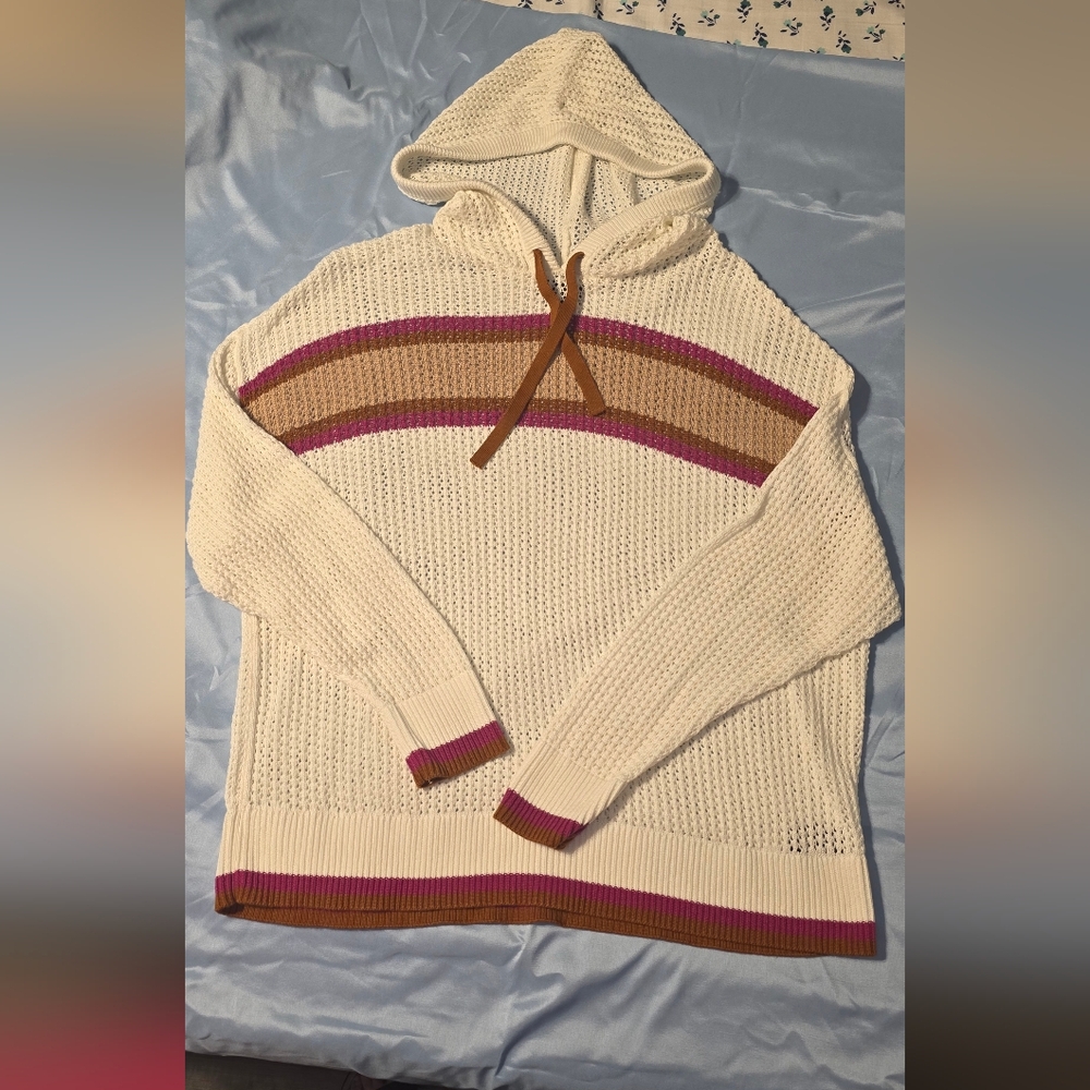 torrid Cream Hooded Open-Knit Sweater with Pink and Tan Stripes